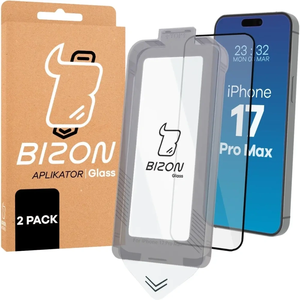 Szkło hartowane z ramką do łatwej aplikacji Bizon Glass Aplikator do Apple iPhone 17 Pro Max [2 PACK]