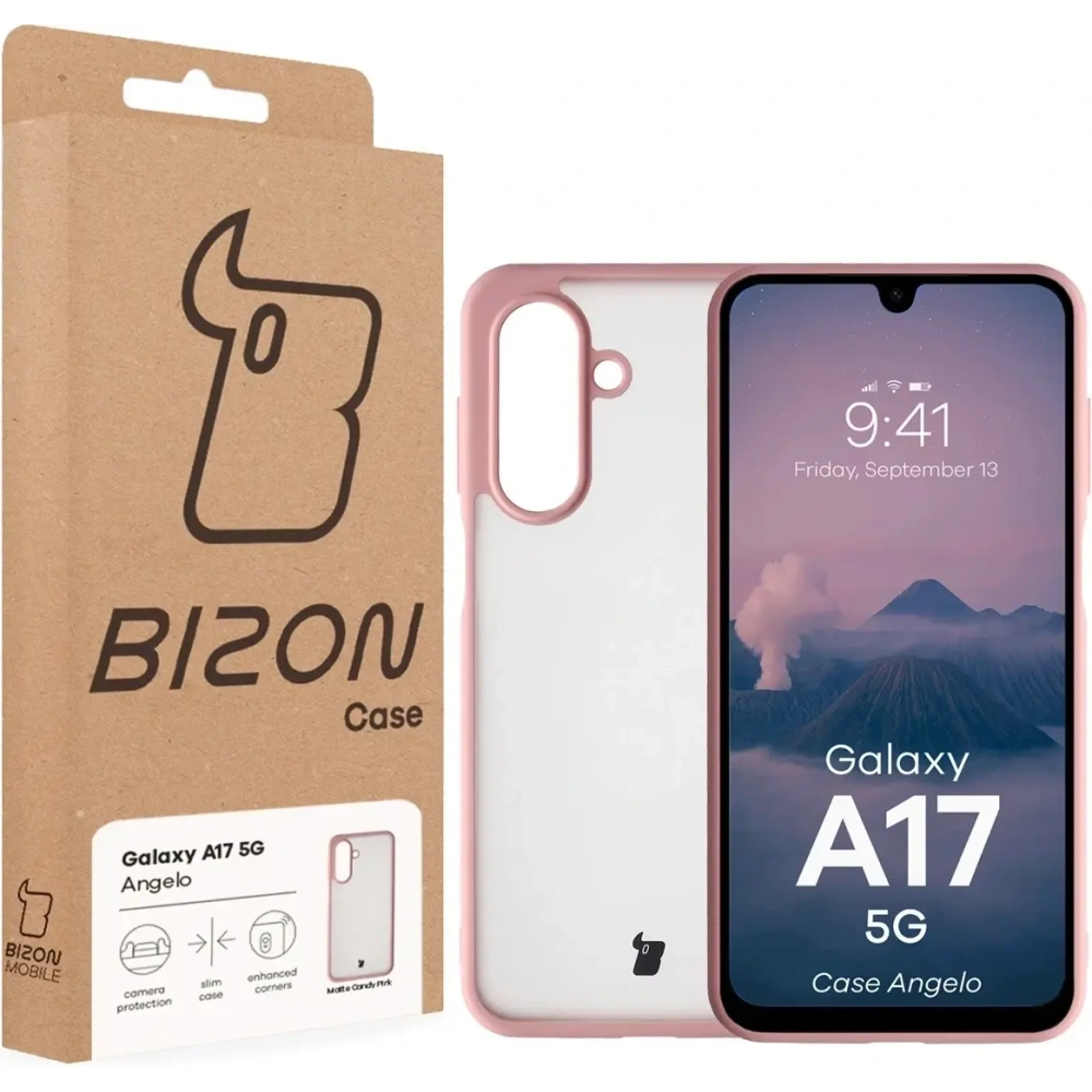 Etui Bizon Case Angelo do Samsung Galaxy A17 5G półprzezroczyste z jasnoróżową ramką