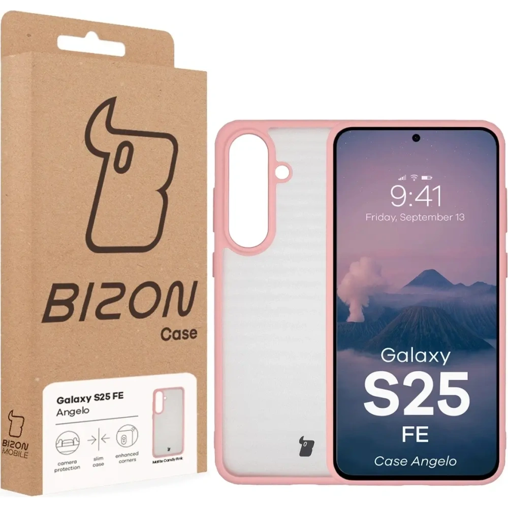 Etui Bizon Case Angelo do Samsung Galaxy S25 FE półprzezroczyste z jasnoróżową ramką