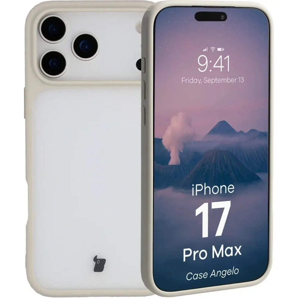 Etui Bizon Case Angelo do Apple iPhone 17 Pro Max półprzezroczyste z beżową ramką