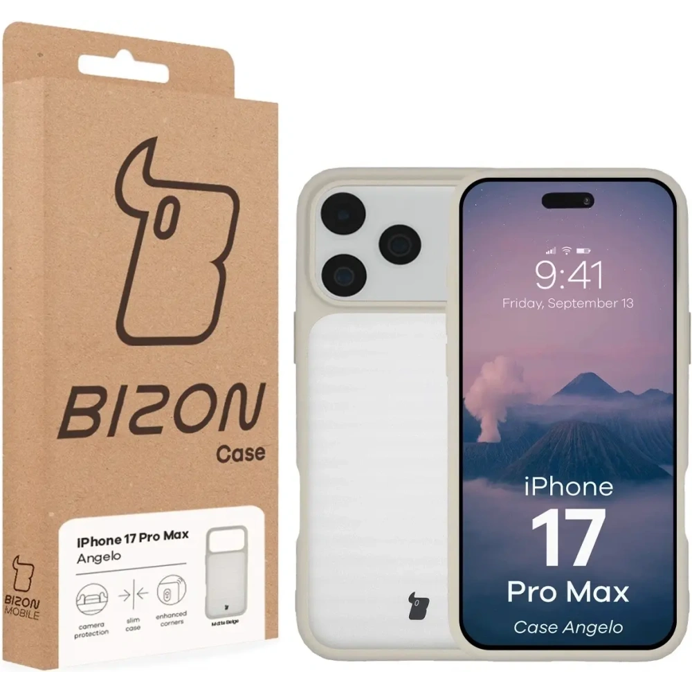 Etui Bizon Case Angelo do Apple iPhone 17 Pro Max półprzezroczyste z beżową ramką