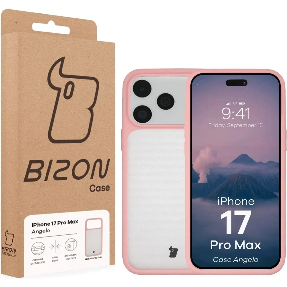 Etui Bizon Case Angelo do Apple iPhone 17 Pro Max półprzezroczyste z jasnoróżową ramką