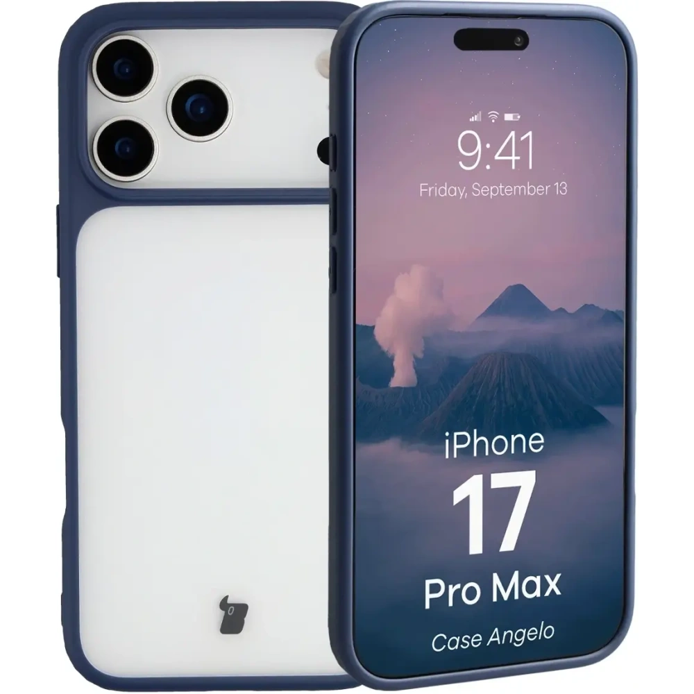 Etui Bizon Case Angelo do Apple iPhone 17 Pro Max półprzezroczyste z granatową ramką