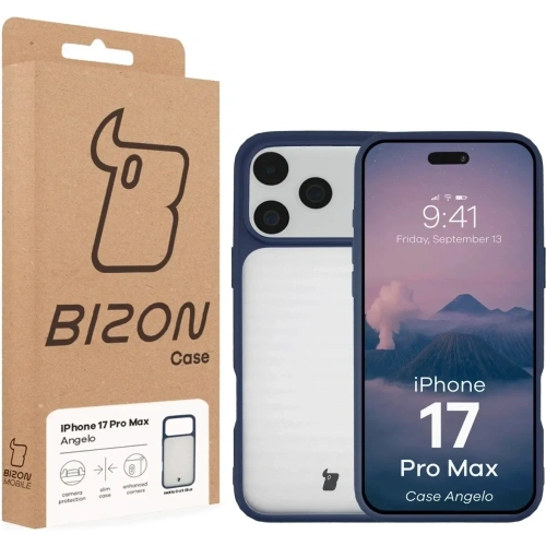 Etui Bizon Case Angelo do Apple iPhone 17 Pro Max półprzezroczyste z granatową ramką