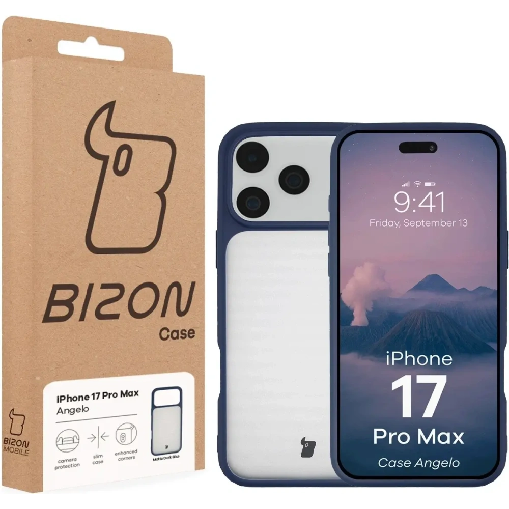 Etui Bizon Case Angelo do Apple iPhone 17 Pro Max półprzezroczyste z granatową ramką