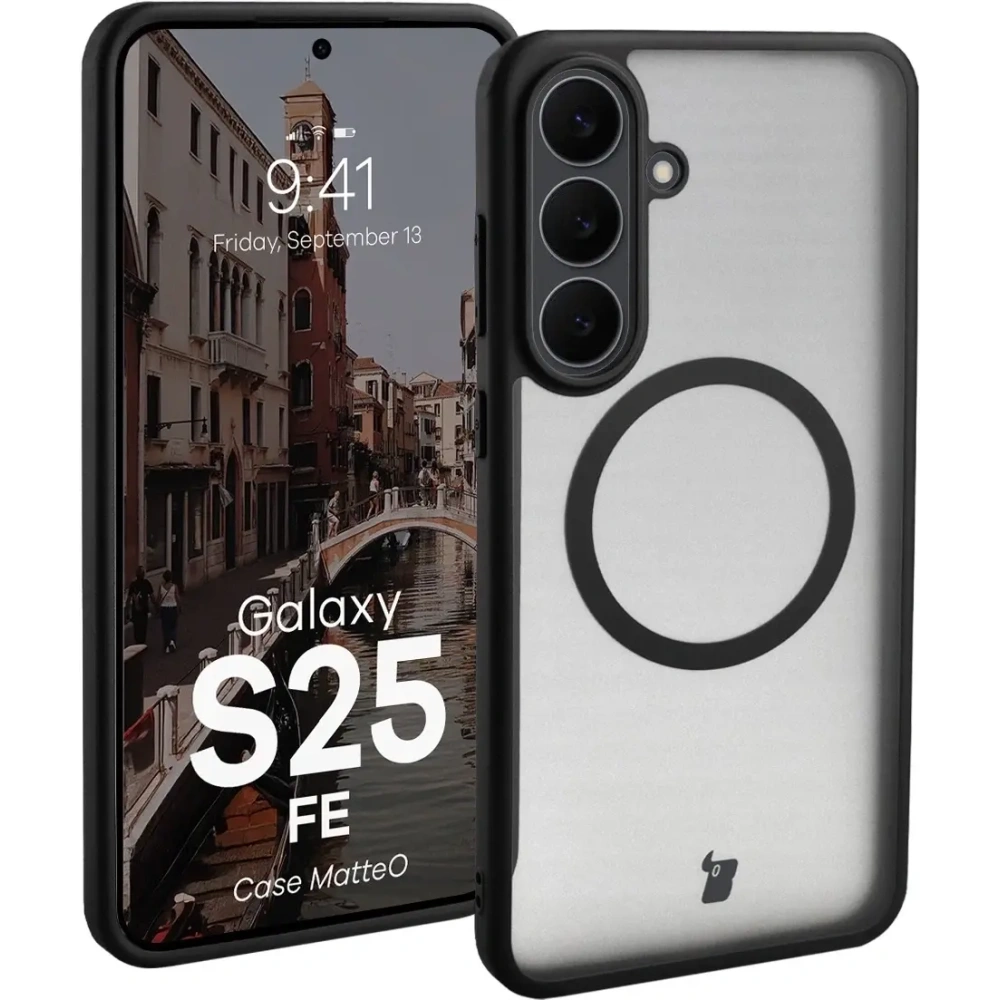 Etui z pierścieniem magnetycznym Bizon Case MatteO Magnetic do Samsung Galaxy S25 FE przydymione-czarne
