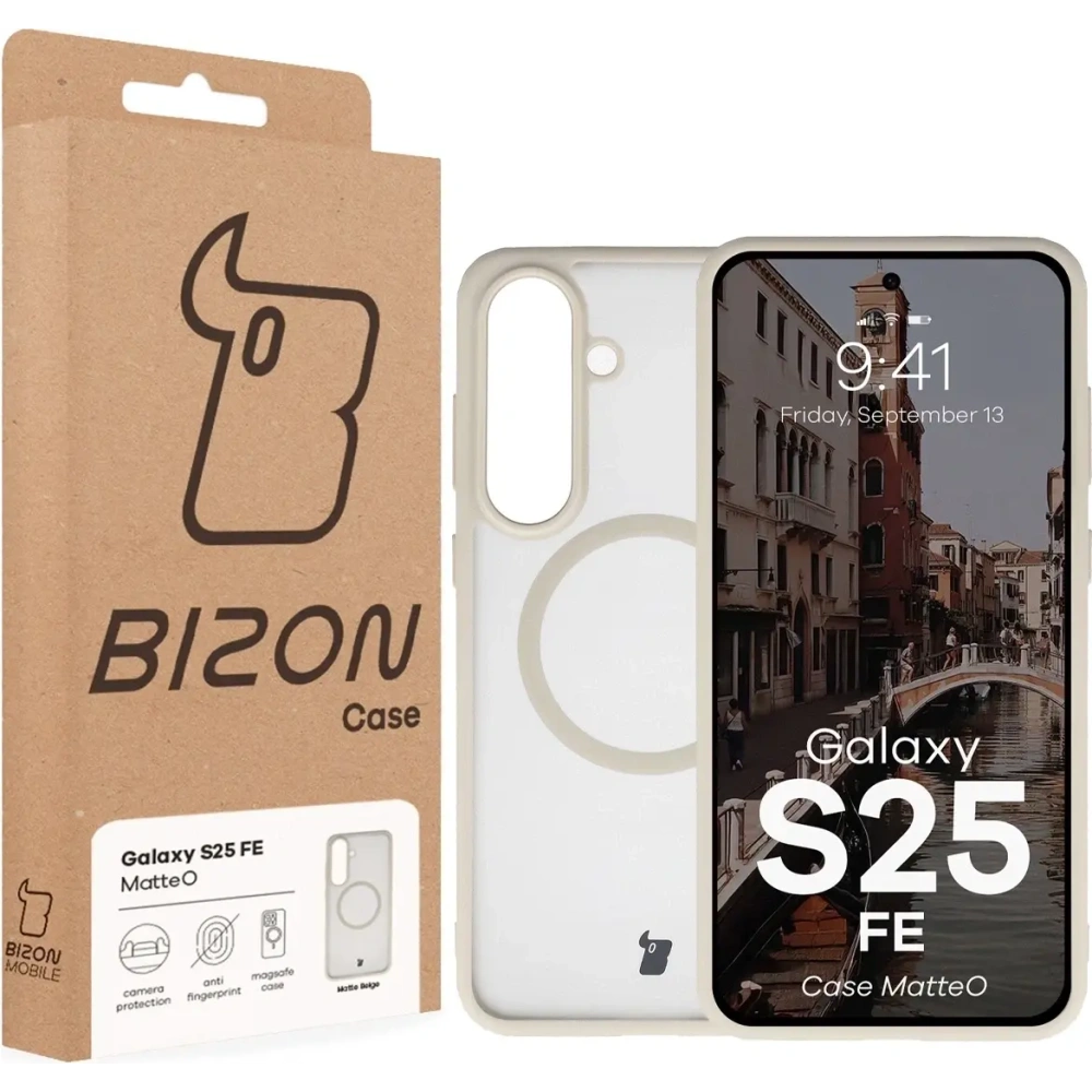 Etui z pierścieniem magnetycznym Bizon Case MatteO Magnetic do Samsung Galaxy S25 FE przydymione-beżowe