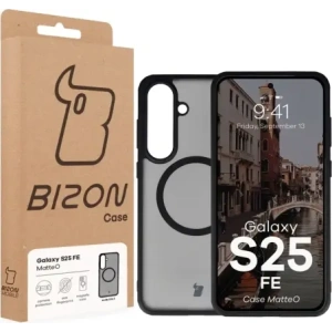 Etui z pierścieniem magnetycznym Bizon Case MatteO Magnetic do Samsung Galaxy S25 FE przydymione-czarne