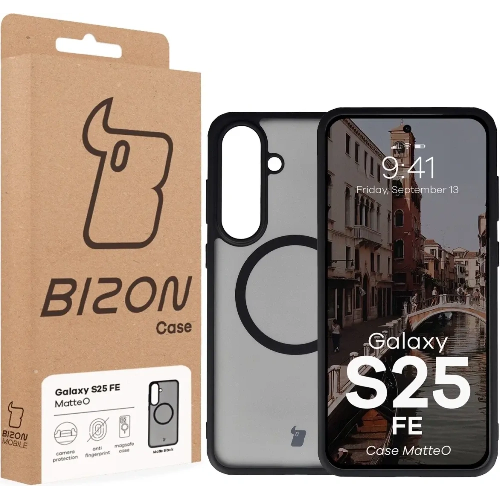 Etui z pierścieniem magnetycznym Bizon Case MatteO Magnetic do Samsung Galaxy S25 FE przydymione-czarne