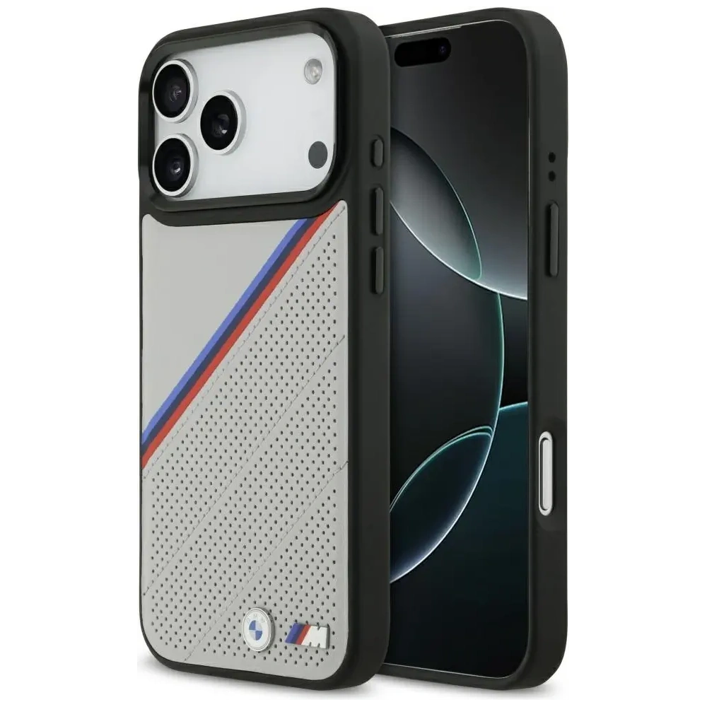 Etui BMW M Tricolor Metal Logo MagSafe do Apple iPhone 17 Pro Max szary