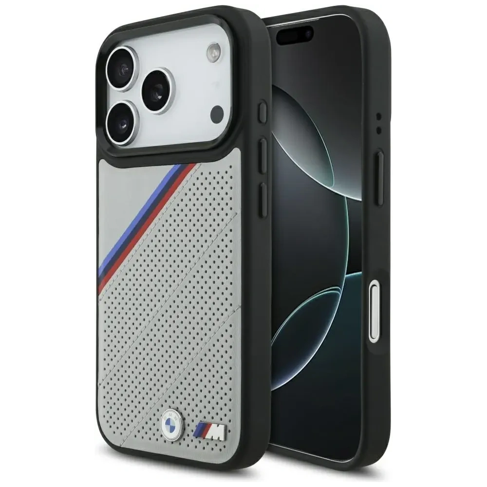 Etui BMW M Tricolor Metal Logo MagSafe do Apple iPhone 17 Pro szary