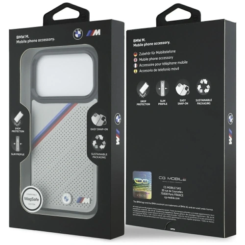 Etui BMW M Tricolor Metal Logo MagSafe do Apple iPhone 17 Pro szary