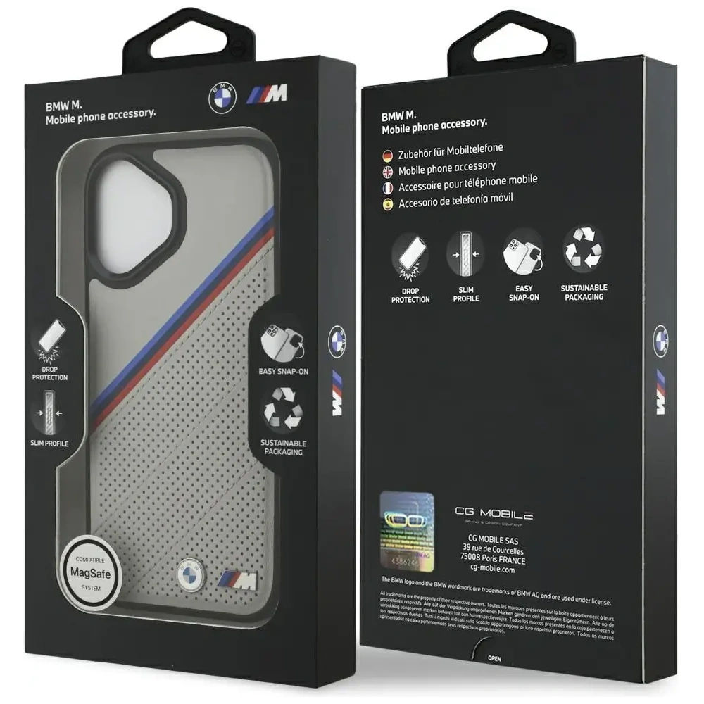 Etui BMW M Tricolor Metal Logo MagSafe do Apple iPhone 17 szary