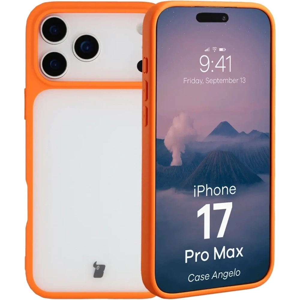 Etui Bizon Case Angelo do Apple iPhone 17 Pro Max półprzezroczyste z pomarańczową ramką