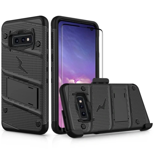 Kup Pancerne etui Zizo Bolt Cover Samsung Galaxy S10e ze szkłem 9H na ekran + podstawka & uchwyt do paska (Black/Black) - ZIZ001BLK - {ean13} - Sklep Home Screen