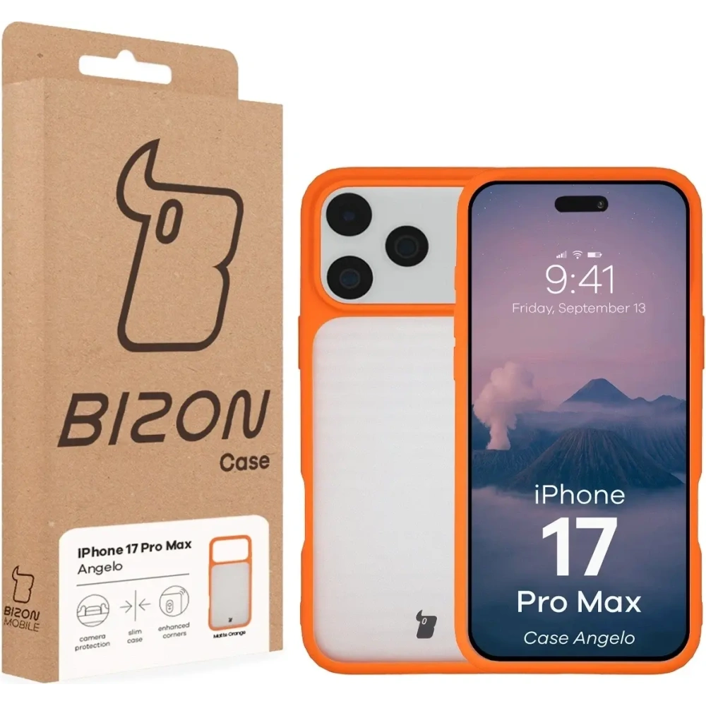 Etui Bizon Case Angelo do Apple iPhone 17 Pro Max półprzezroczyste z pomarańczową ramką