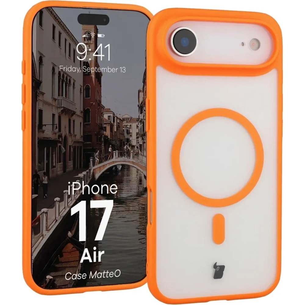 Etui z pierścieniem magnetycznym Bizon Case MatteO do Apple iPhone Air przydymione-pomarańczowe