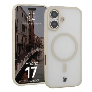 Etui z pierścieniem magnetycznym Bizon Case MatteO do Apple iPhone 17 przydymione-beżowe