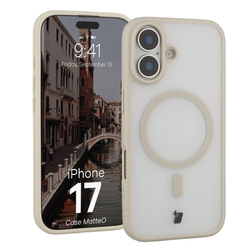 Etui z pierścieniem magnetycznym Bizon Case MatteO do Apple iPhone 17 przydymione-beżowe