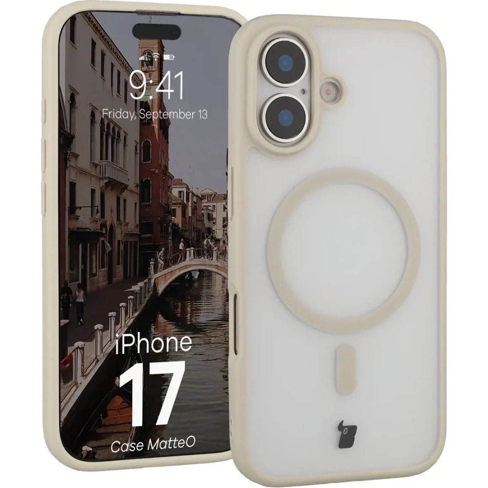 Etui z pierścieniem magnetycznym Bizon Case MatteO do Apple iPhone 17 przydymione-beżowe