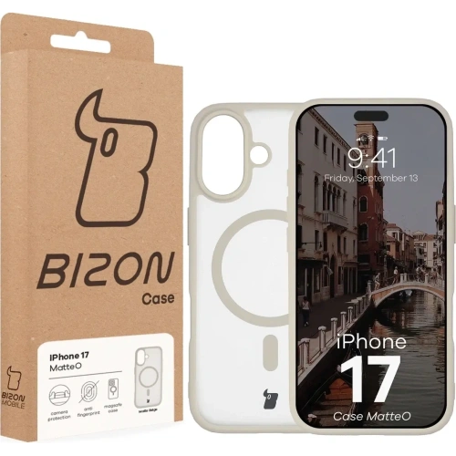 Etui z pierścieniem magnetycznym Bizon Case MatteO do Apple iPhone 17 przydymione-beżowe
