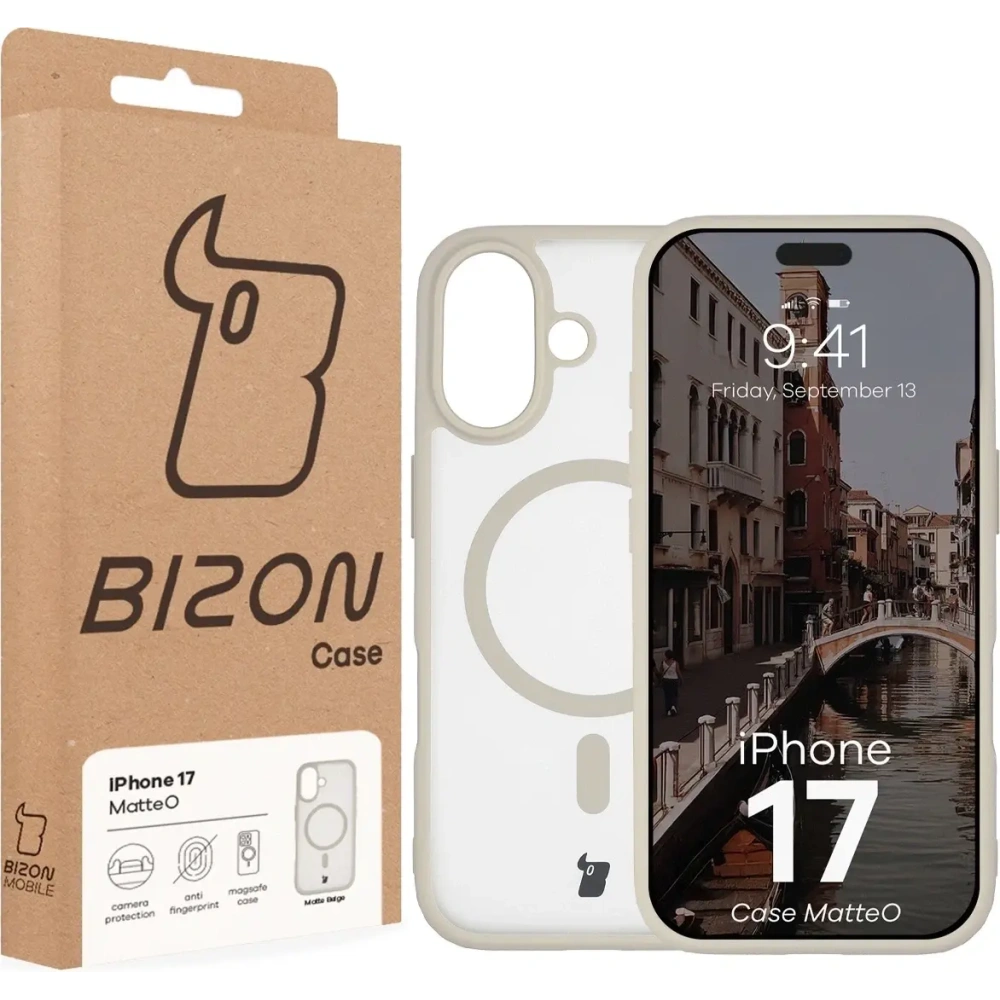 Etui z pierścieniem magnetycznym Bizon Case MatteO do Apple iPhone 17 przydymione-beżowe