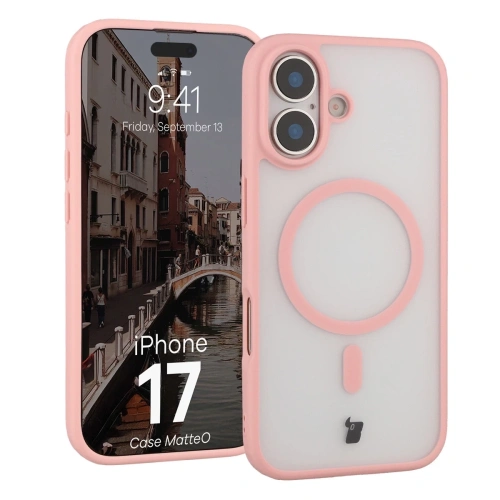Etui z pierścieniem magnetycznym Bizon Case MatteO do Apple iPhone 17 przydymione-jasnoróżowe