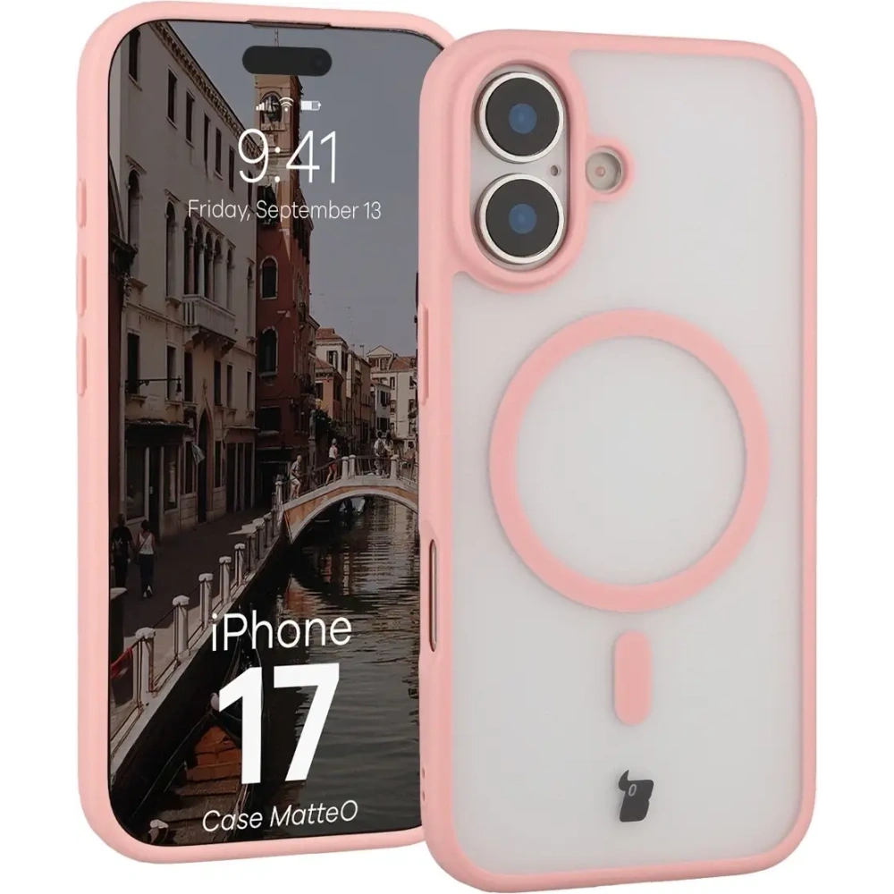 Etui z pierścieniem magnetycznym Bizon Case MatteO do Apple iPhone 17 przydymione-jasnoróżowe