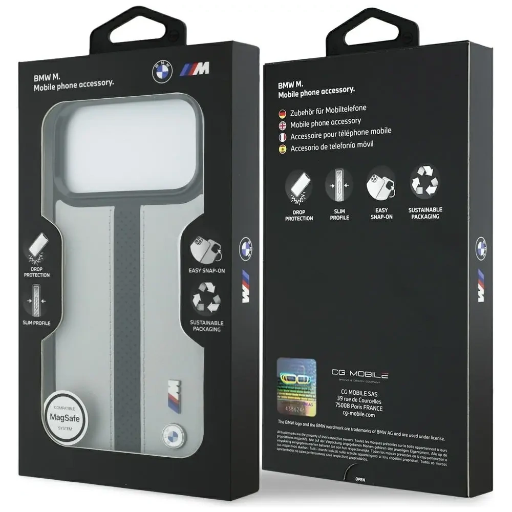 Etui BMW M Perforated Stripe Logo MagSafe do Apple iPhone 17 Pro Max szary