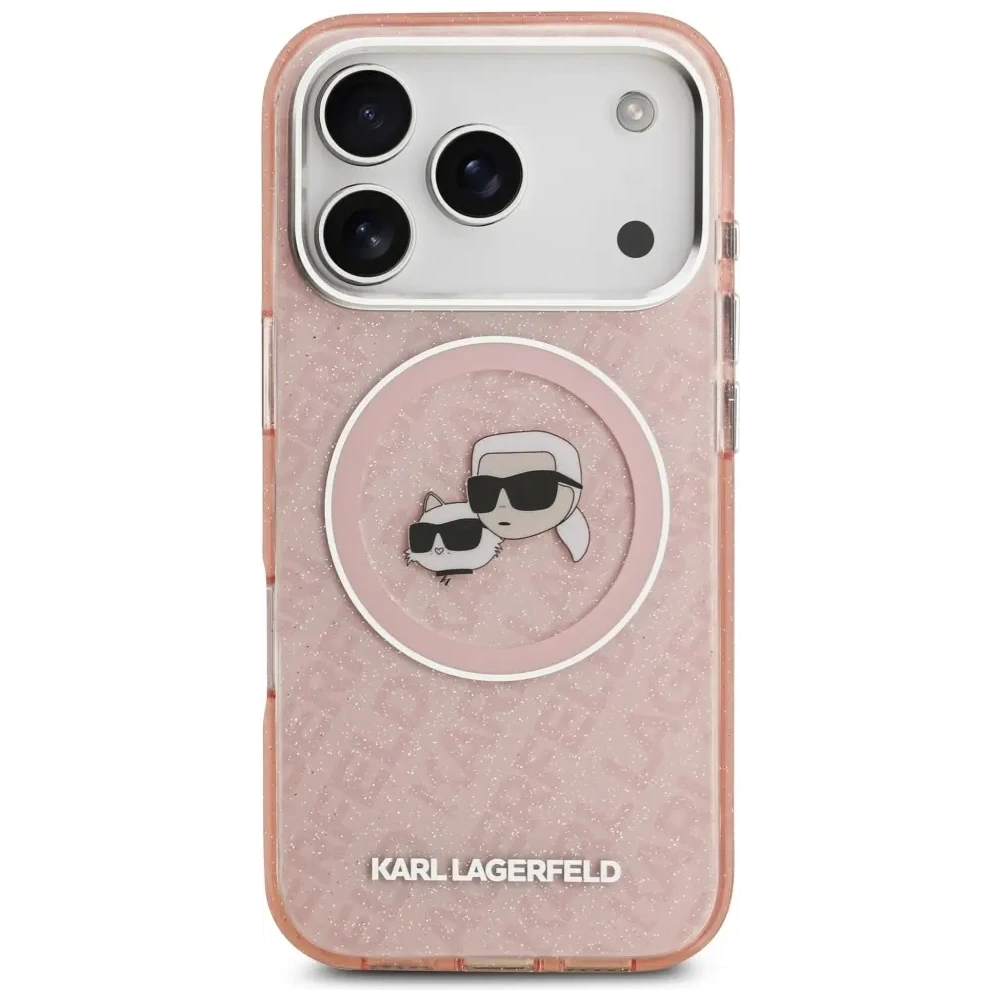 Etui Karl Lagerfeld IML Glitter Karl & Choupette Heads Logo MagSafe do Apple iPhone 17 Pro Max różowy