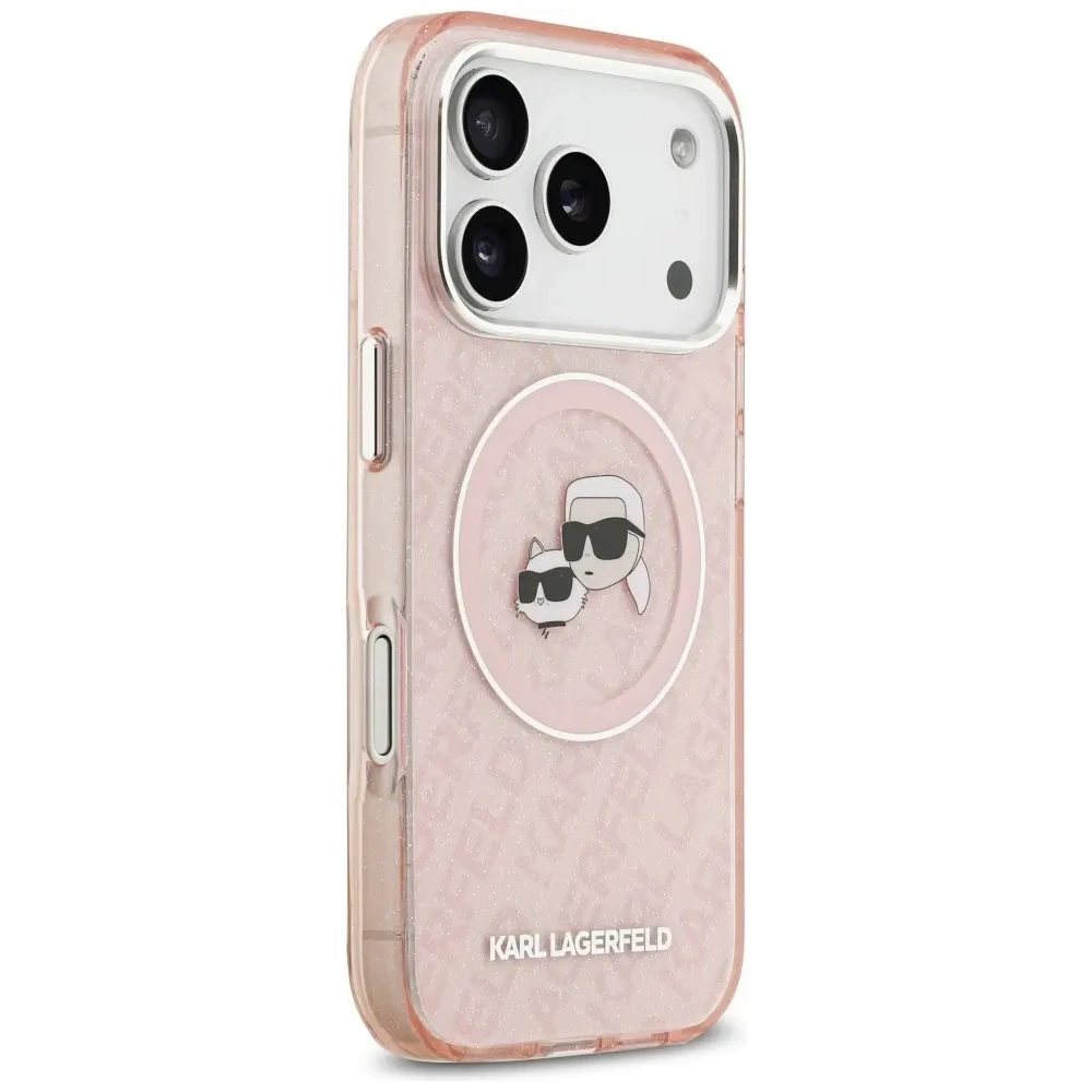 Etui Karl Lagerfeld IML Glitter Karl & Choupette Heads Logo MagSafe do Apple iPhone 17 Pro Max różowy