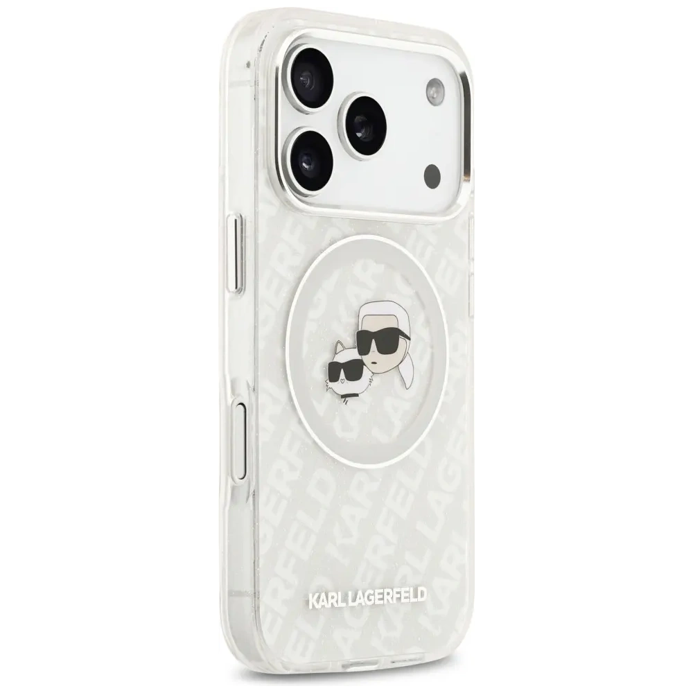 Etui Karl Lagerfeld IML Glitter Karl & Choupette Heads Logo MagSafe do Apple iPhone 17 Pro Max szary