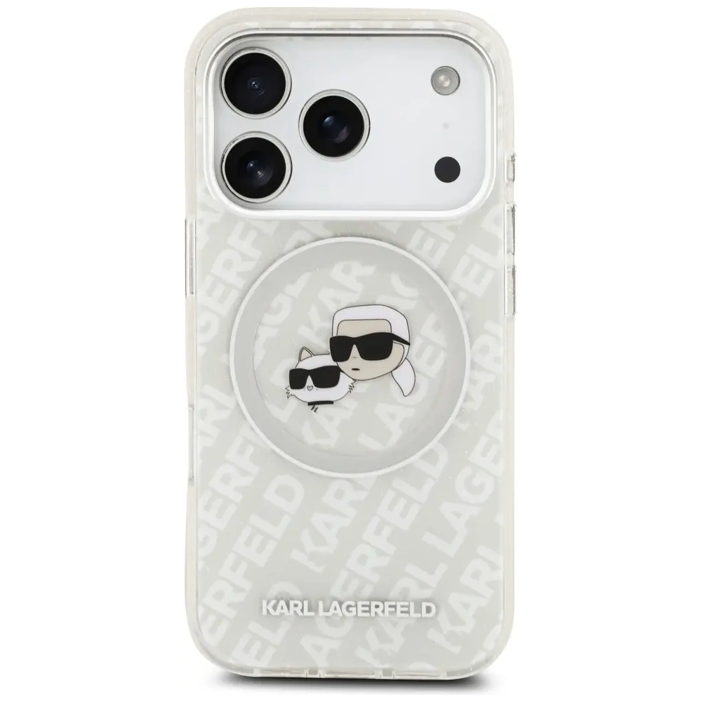 Etui Karl Lagerfeld IML Glitter Karl & Choupette Heads Logo MagSafe do Apple iPhone 17 Pro szary