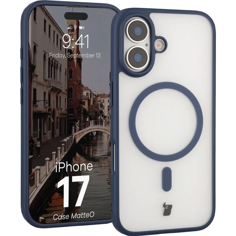 Etui z pierścieniem magnetycznym Bizon Case MatteO do Apple iPhone 17 przydymione-granatowe