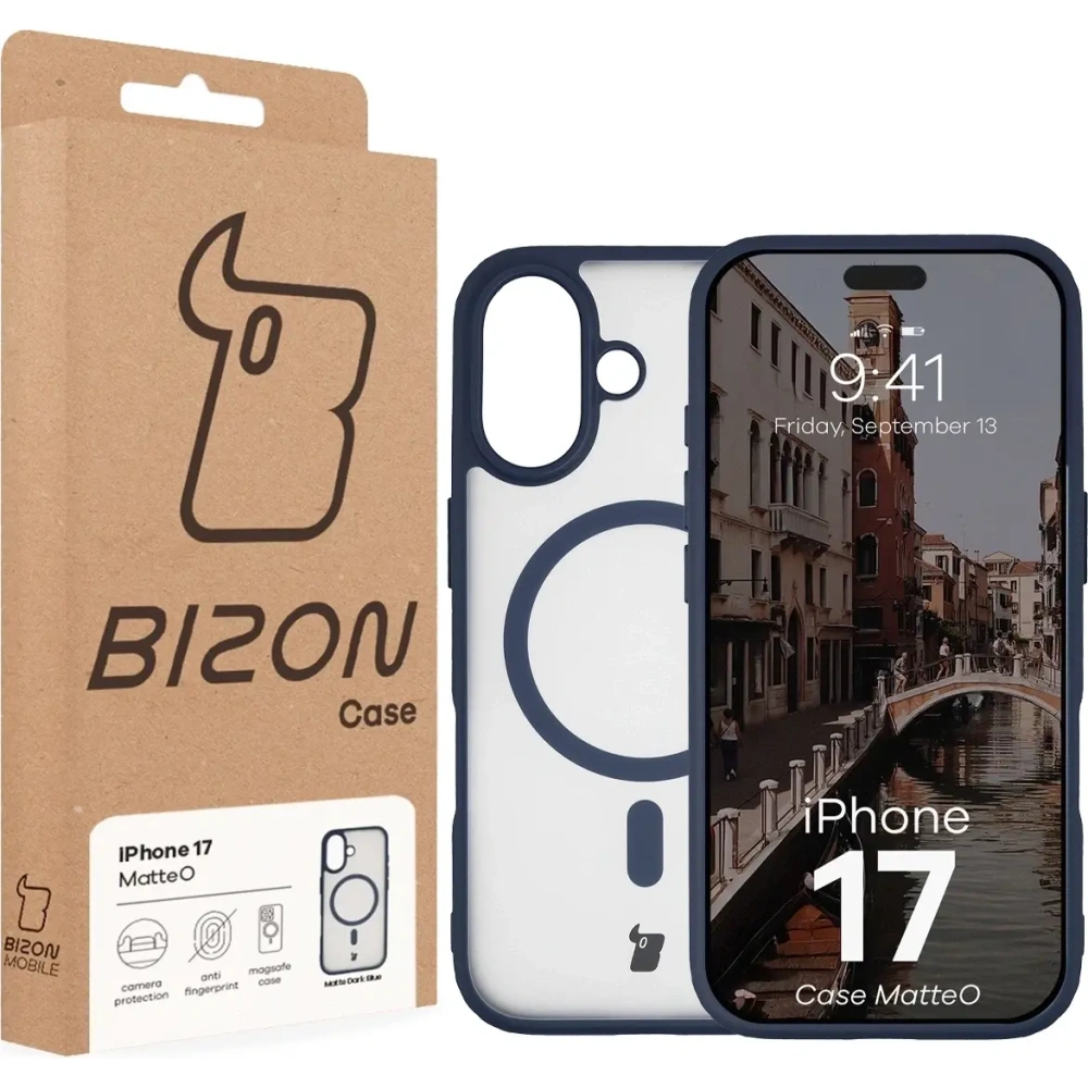 Etui z pierścieniem magnetycznym Bizon Case MatteO do Apple iPhone 17 przydymione-granatowe