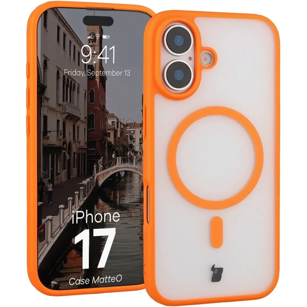 Etui z pierścieniem magnetycznym Bizon Case MatteO do Apple iPhone 17 przydymione-pomarańczowe