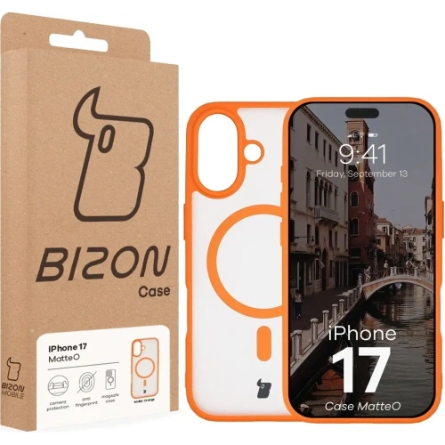 Etui z pierścieniem magnetycznym Bizon Case MatteO do Apple iPhone 17 przydymione-pomarańczowe