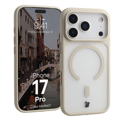 Etui z pierścieniem magnetycznym Bizon Case MatteO do Apple iPhone 17 Pro przydymione-beżowe