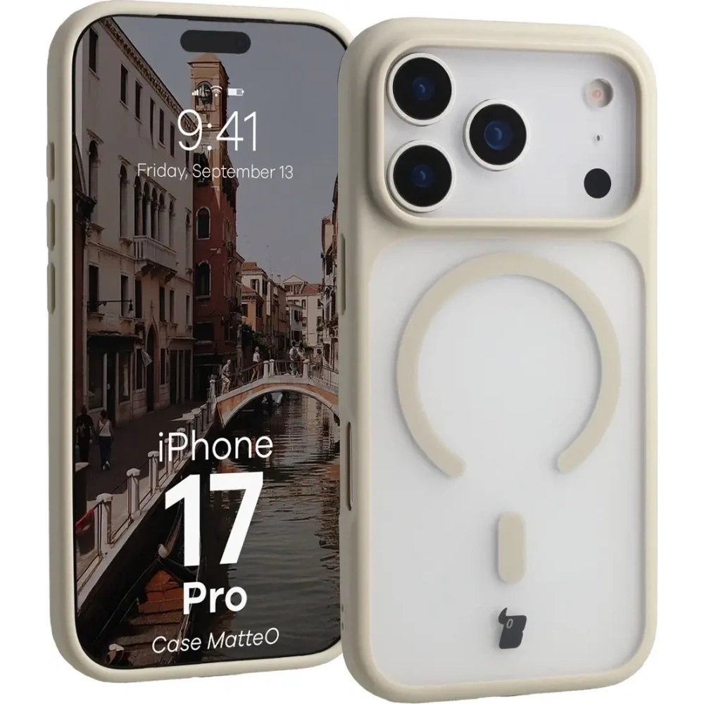 Etui z pierścieniem magnetycznym Bizon Case MatteO do Apple iPhone 17 Pro przydymione-beżowe