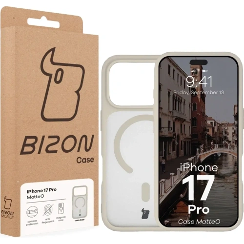 Etui z pierścieniem magnetycznym Bizon Case MatteO do Apple iPhone 17 Pro przydymione-beżowe