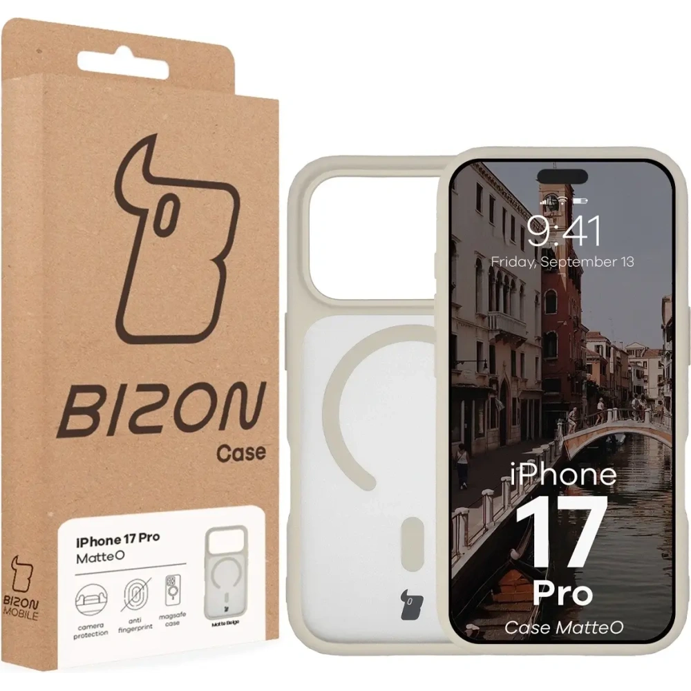 Etui z pierścieniem magnetycznym Bizon Case MatteO do Apple iPhone 17 Pro przydymione-beżowe