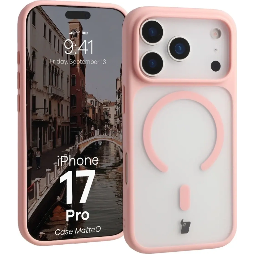 Etui z pierścieniem magnetycznym Bizon Case MatteO do Apple iPhone 17 Pro przydymione-jasnoróżowe