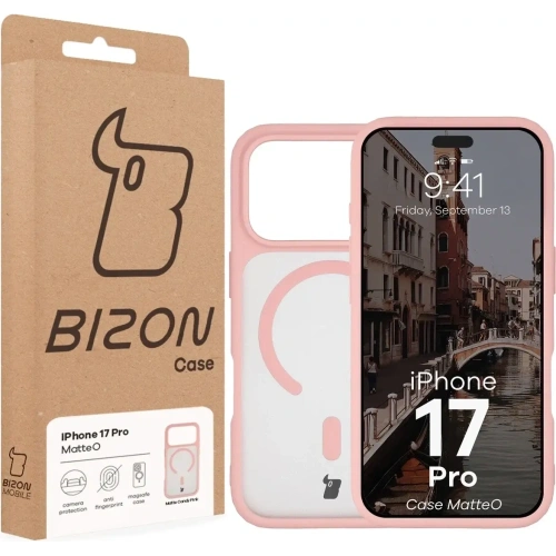 Etui z pierścieniem magnetycznym Bizon Case MatteO do Apple iPhone 17 Pro przydymione-jasnoróżowe