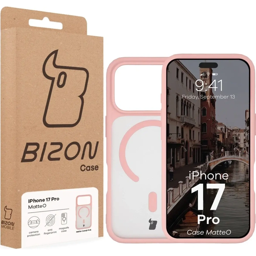 Etui z pierścieniem magnetycznym Bizon Case MatteO do Apple iPhone 17 Pro przydymione-jasnoróżowe