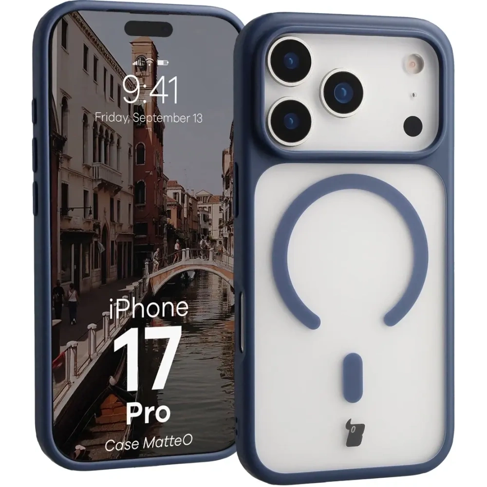 Etui z pierścieniem magnetycznym Bizon Case MatteO do Apple iPhone 17 Pro przydymione-granatowe