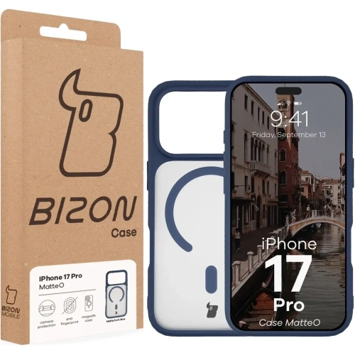 Etui z pierścieniem magnetycznym Bizon Case MatteO do Apple iPhone 17 Pro przydymione-granatowe