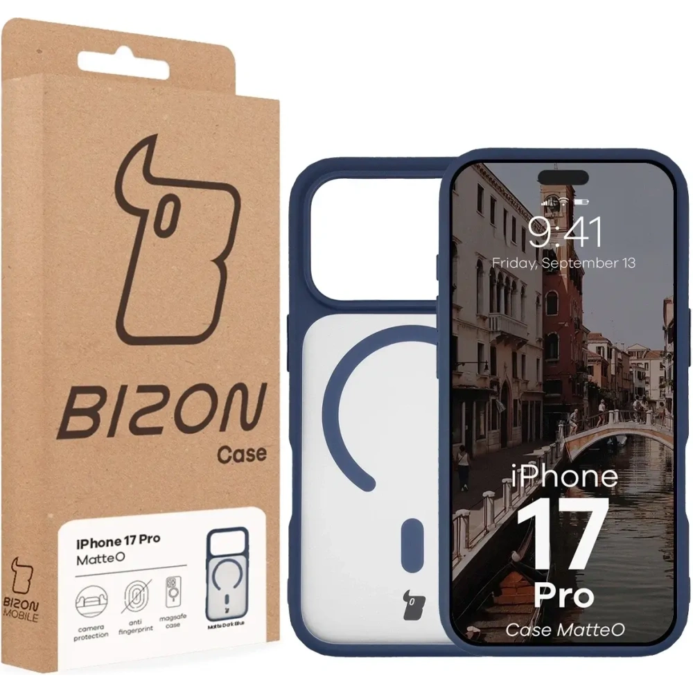 Etui z pierścieniem magnetycznym Bizon Case MatteO do Apple iPhone 17 Pro przydymione-granatowe