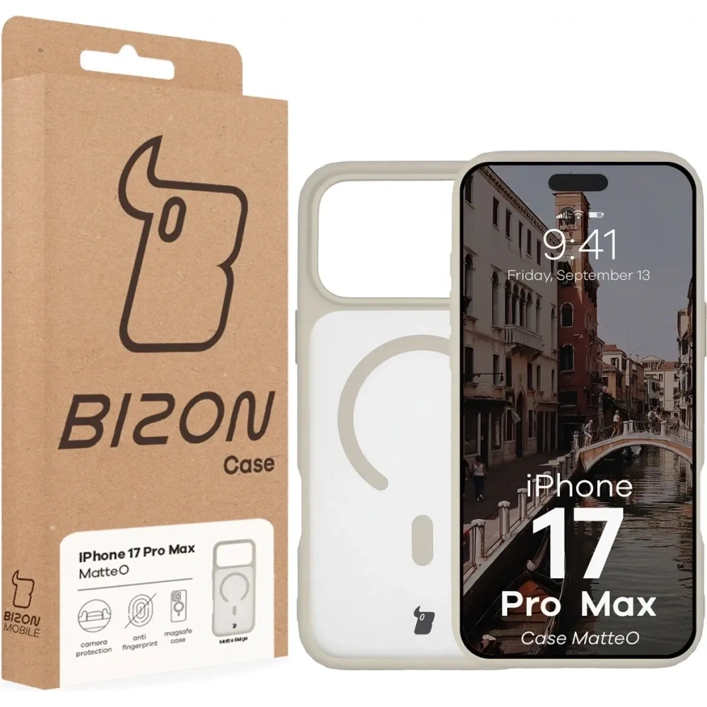 Etui z pierścieniem magnetycznym Bizon Case MatteO do Apple iPhone 17 Pro Max przydymione-beżowe