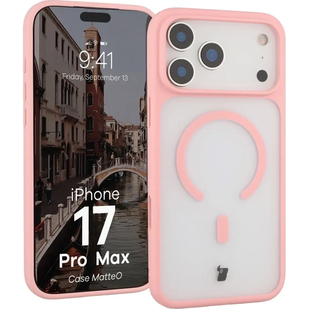 Etui z pierścieniem magnetycznym Bizon Case MatteO do Apple iPhone 17 Pro Max przydymione-jasnoróżowe