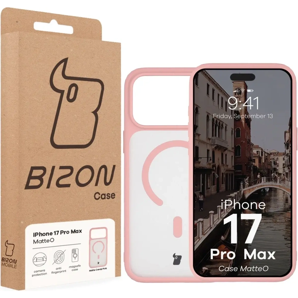 Etui z pierścieniem magnetycznym Bizon Case MatteO do Apple iPhone 17 Pro Max przydymione-jasnoróżowe